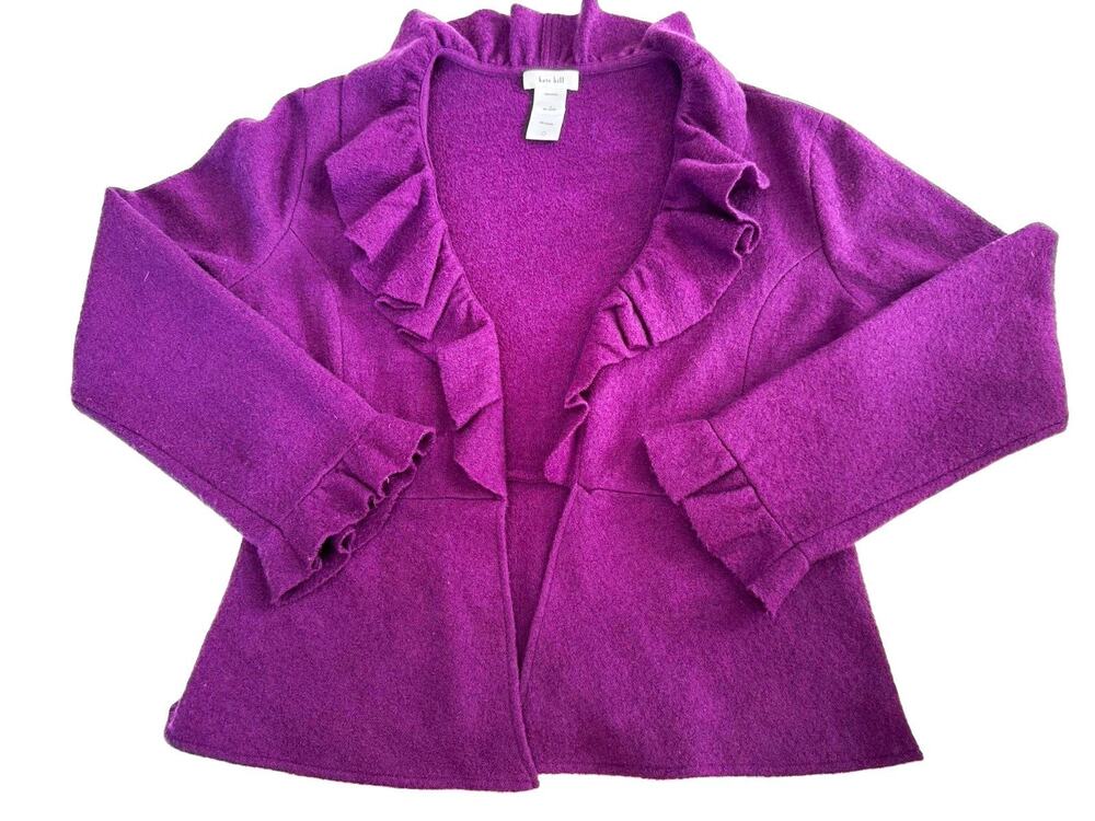 Kate Hill Purple Solid Knit 100% Wool Ruffle V-Neck Pullover Sweater Women M
